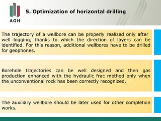 5. Optimization of horizontal drilling 
The trajectory of a wellbore can be properly realized only after 
well logging, thanks to which the direction of layers can be 
identified. For this reason, additional wellbores have to be drilled 
for geophones. 
Borehole trajectories can be well designed and then gas 
production enhanced with the hydraulic frac method only when 
the unconventional rock has been correctly recognized. 
The auxiliary wellbore should be later used for other completion 
works. 
 