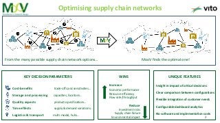 1/05/20 2
Optimising supply chain networks
From the many possible supply chain network options... MooV finds the optimal one!
Cost-benefits trade-offs and sensitivities...
Storage and processing capacities, locations...
Quality aspects products specifications...
Time effects supply & demand variations...
Logistics & transport multi-modal, hubs...
Insight in impact of critical decisions
Clear comparison between configurations
Flexible integration of customer needs
Configurable dashboard analytics
No software and implementation costs
Increase
Economic performance
Resource efficiency
Flow rate/throughput
Reduce
Investment risks
Supply chain failure
Environmental impact
WINS UNIQUE FEATURESKEY DECISION PARAMETERS
 
