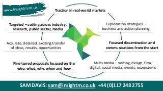 Traction in real-world markets
Multi-media – writing, design, film,
digital, social media, events, ecosystems
Fine-tuned proposals focused on the
who, what, why, when and how
SAM DAVIS: sam@insightm.co.uk +44 (0)117 248 2755
Accurate, detailed, exciting transfer
of ideas, results, opportunities
Targeted – cutting across industry,
research, public sector, media
Exploitation strategies –
business and action planning
Focused dissemination and
communications from the start
I N S I G H T
www.insightm.co.uk
 