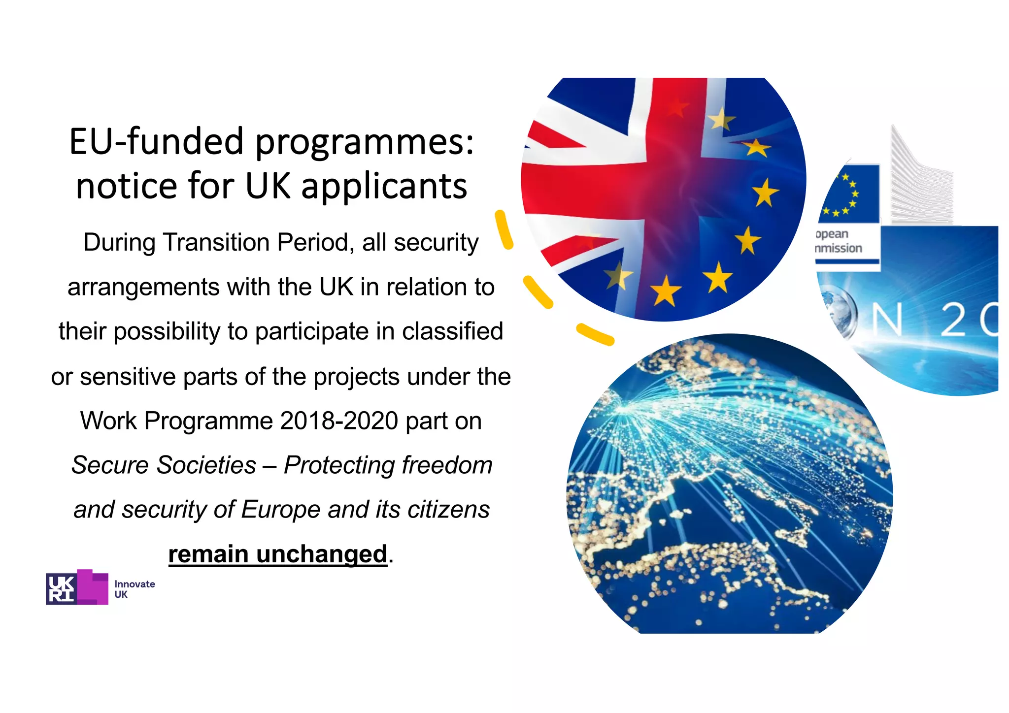 EU-funded programmes:
notice for UK applicants
During Transition Period, all security
arrangements with the UK in relation to
their possibility to participate in classified
or sensitive parts of the projects under the
Work Programme 2018-2020 part on
Secure Societies – Protecting freedom
and security of Europe and its citizens
remain unchanged.
 