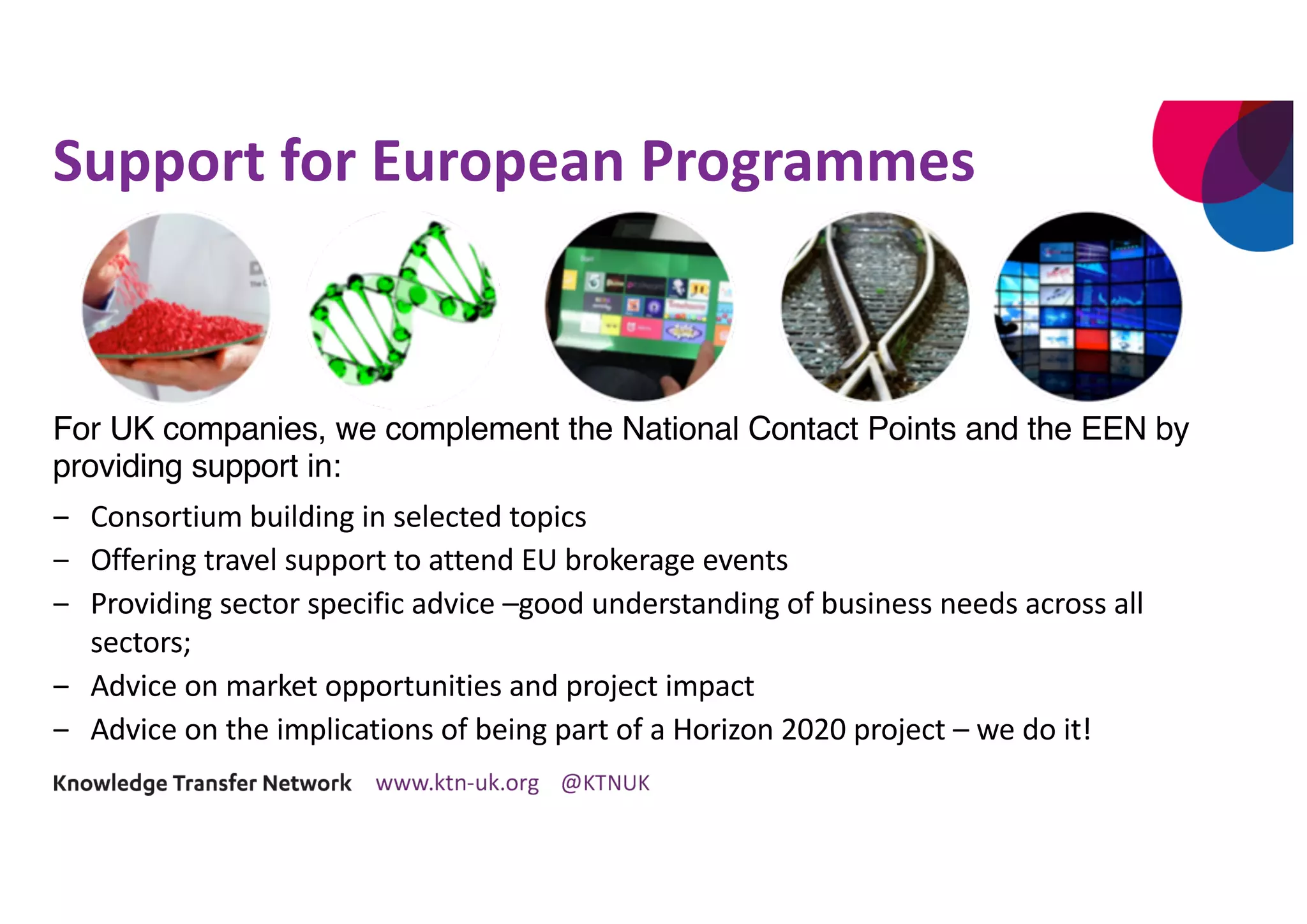 Support for European Programmes
For UK companies, we complement the National Contact Points and the EEN by
providing support in:
‒ Consortium building in selected topics
‒ Offering travel support to attend EU brokerage events
‒ Providing sector specific advice –good understanding of business needs across all
sectors;
‒ Advice on market opportunities and project impact
‒ Advice on the implications of being part of a Horizon 2020 project – we do it!
 