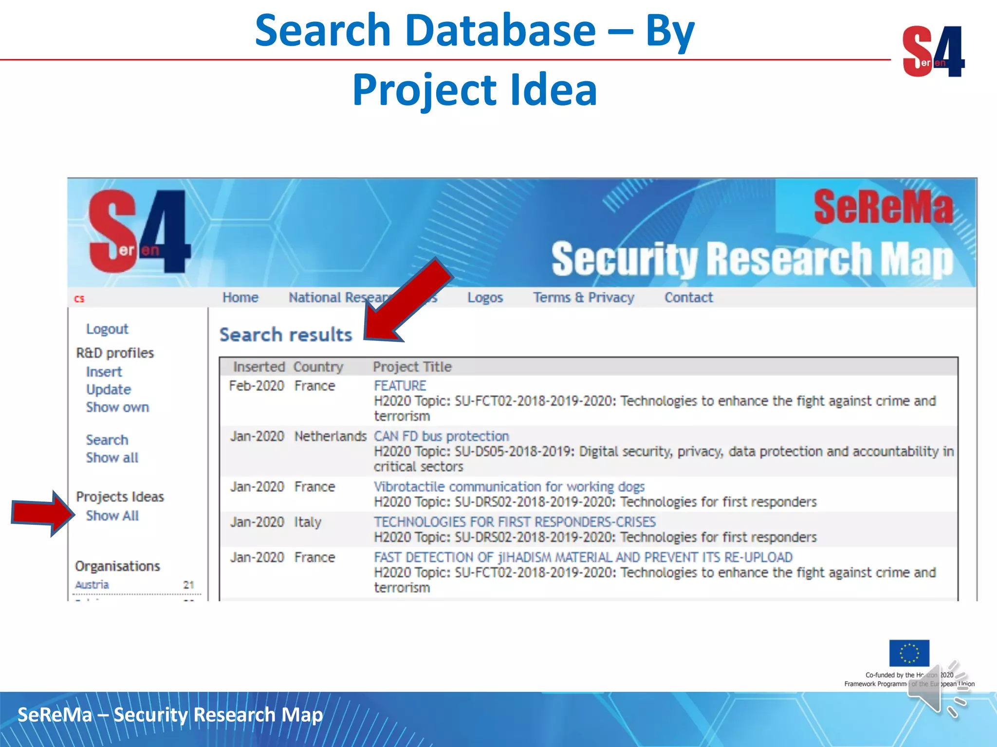 Search Database – By
Project Idea
SeReMa – Security Research Map
 