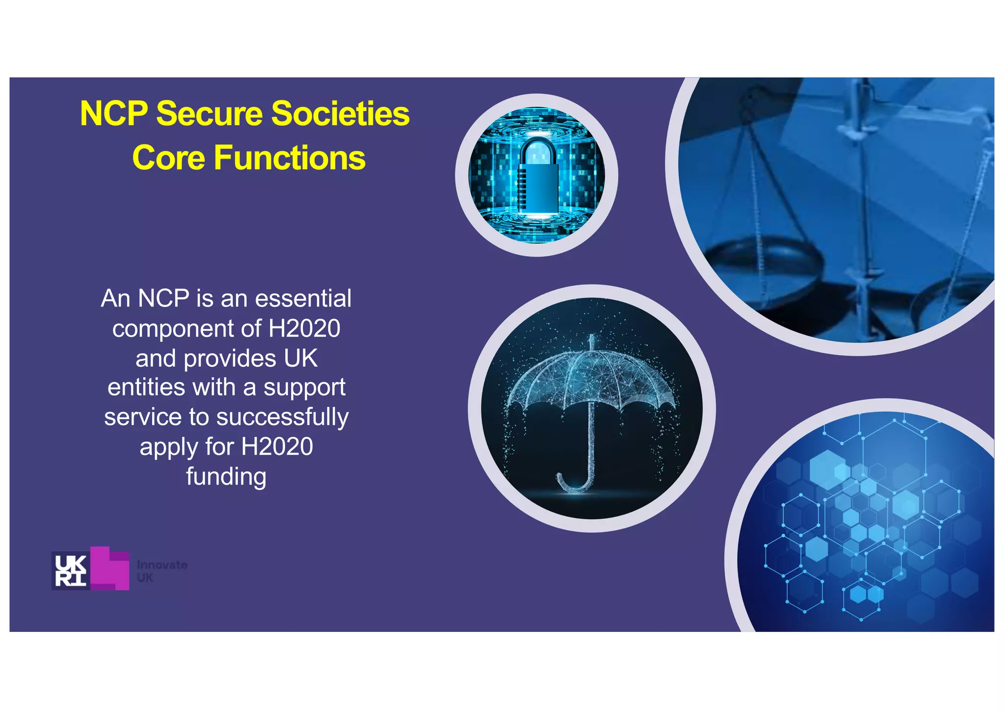 NCP Secure Societies
Core Functions
An NCP is an essential
component of H2020
and provides UK
entities with a support
service to successfully
apply for H2020
funding
 