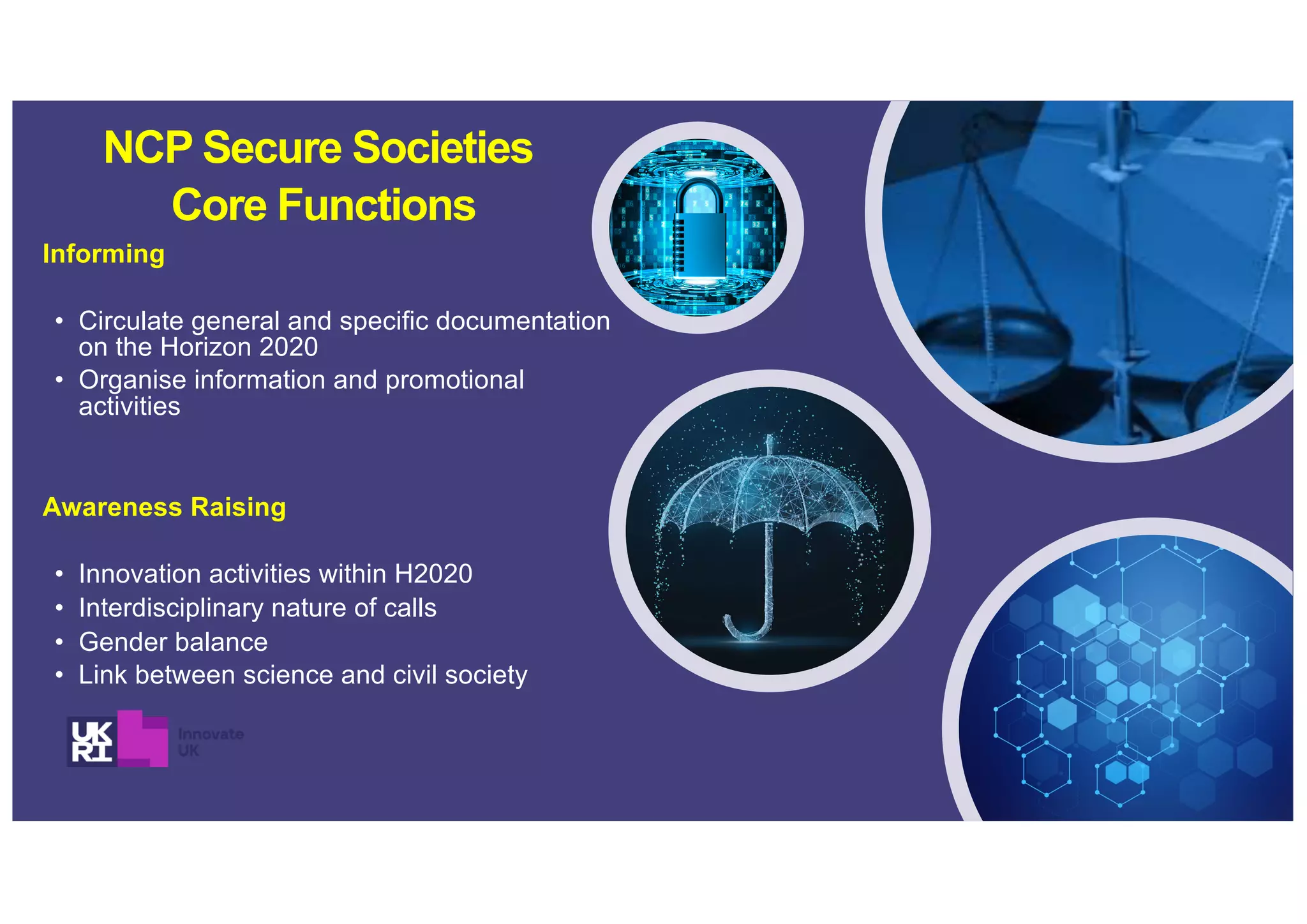 Informing
• Circulate general and specific documentation
on the Horizon 2020
• Organise information and promotional
activities
Awareness Raising
• Innovation activities within H2020
• Interdisciplinary nature of calls
• Gender balance
• Link between science and civil society
NCP Secure Societies
Core Functions
 