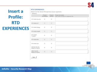 Insert a
Profile:
RTD
EXPERIENCES
SeReMa – Security Research Map
 