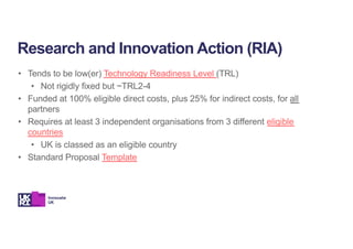 • Tends to be low(er) Technology Readiness Level (TRL)
• Not rigidly fixed but ~TRL2-4
• Funded at 100% eligible direct costs, plus 25% for indirect costs, for all
partners
• Requires at least 3 independent organisations from 3 different eligible
countries
• UK is classed as an eligible country
• Standard Proposal Template
Research and Innovation Action (RIA)
 