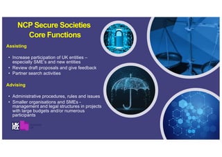 Assisting
• Increase participation of UK entities –
especially SME’s and new entities
• Review draft proposals and give feedback
• Partner search activities
Advising
• Administrative procedures, rules and issues
• Smaller organisations and SMEs -
management and legal structures in projects
with large budgets and/or numerous
participants
NCP Secure Societies
Core Functions
 