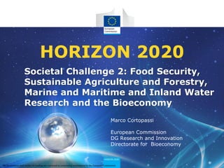 HORIZON 2020
Societal Challenge 2: Food Security,
Sustainable Agriculture and Forestry,
Marine and Maritime and Inland Water
Research and the Bioeconomy
Marco Cortopassi
European Commission
DG Research and Innovation
Directorate for Bioeconomy

The presentation shall neither be binding nor construed as constituting commitment by the European Commission

 