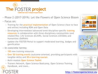 • Phase 2 (2017-2019): Let the Flowers of Open Science Bloom
• Focus on:
• Training for the practical implementation of Open Science (face to face
and online) including RDM and Open Data
• Developing intermediate/advanced level/discipline-specific training
resources in collaboration with three disciplinary communities (and
related RIs): Life Sciences (ELIXIR), Social Sciences (CESSDA) and
Humanities (DARIAH)
• Update the FOSTER Portal to support moderated learning, badges and
gamification
• In concrete terms:
• 150 new training resources
• Over 50 training events (outcome-oriented, providing participants with
tangible skills) and 20 e-learning courses
• Multi-module Open Science Toolkit
• Trainers Network, Open Science Bootcamp, Open Science Training
Handbook, and more…
FacilitateOpenScienceTrainingforEuropeanResearch
The project
http://fosteropenscience.eu
 