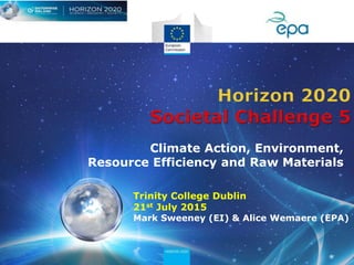 Trinity College Dublin
21st July 2015
Mark Sweeney (EI) & Alice Wemaere (EPA)
Climate Action, Environment,
Resource Efficiency and Raw Materials
 