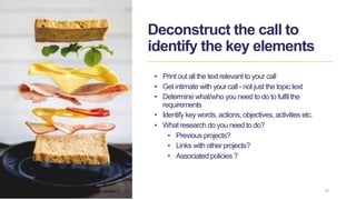 Deconstruct the call to
identify the key elements
• Print out all the text relevant to your call
• Get intimate with your ...