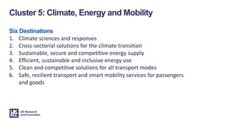 Six Destinations
1. Climate sciences and responses
2. Cross-sectorial solutions for the climate transition
3. Sustainable, secure and competitive energy supply
4. Efficient, sustainable and inclusive energy use
5. Clean and competitive solutions for all transport modes
6. Safe, resilient transport and smart mobility services for passengers
and goods
Cluster 5: Climate, Energy and Mobility
 