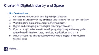 Six Destinations
1. Climate neutral, circular and digitised production
2. Increased autonomy in key strategic value chains for resilient industry
3. World leading data and computing technologies
4. Digital and emerging technologies for competitiveness
5. Open strategic autonomy in developing, deploying and using global
space-based infrastructures, services, applications and data
6. A human-centred and ethical development of digital and industrial
technologies
Cluster 4: Digital, Industry and Space
 