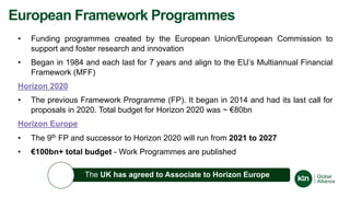 • Funding programmes created by the European Union/European Commission to
support and foster research and innovation
• Began in 1984 and each last for 7 years and align to the EU’s Multiannual Financial
Framework (MFF)
Horizon 2020
• The previous Framework Programme (FP). It began in 2014 and had its last call for
proposals in 2020. Total budget for Horizon 2020 was ~ €80bn
Horizon Europe
• The 9th FP and successor to Horizon 2020 will run from 2021 to 2027
• €100bn+ total budget - Work Programmes are published
European Framework Programmes
The UK has agreed to Associate to Horizon Europe
 