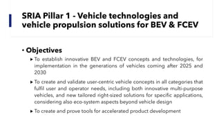 SRIA Pillar 1 - Vehicle technologies and
vehicle propulsion solutions for BEV & FCEV
• Objectives
▶ To establish innovative BEV and FCEV concepts and technologies, for
implementation in the generations of vehicles coming after 2025 and
2030
▶ To create and validate user-centric vehicle concepts in all categories that
fulfil user and operator needs, including both innovative multi-purpose
vehicles, and new tailored right-sized solutions for specific applications,
considering also eco-system aspects beyond vehicle design
▶ To create and prove tools for accelerated product development
 