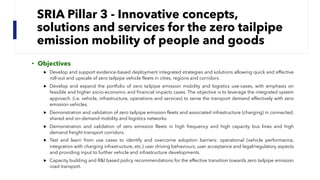 SRIA Pillar 3 - Innovative concepts,
solutions and services for the zero tailpipe
emission mobility of people and goods
• Objectives
▶ Develop and support evidence-based deployment integrated strategies and solutions allowing quick and effective
roll-out and upscale of zero tailpipe vehicle fleets in cities, regions and corridors.
▶ Develop and expand the portfolio of zero tailpipe emission mobility and logistics use-cases, with emphasis on
feasible and higher socio-economic and financial impacts cases. The objective is to leverage the integrated system
approach. (i.e. vehicle, infrastructure, operations and services) to serve the transport demand effectively with zero
emission vehicles.
▶ Demonstration and validation of zero tailpipe emission fleets and associated infrastructure (charging) in connected,
shared and on-demand mobility and logistics networks.
▶ Demonstration and validation of zero emission fleets in high frequency and high capacity bus lines and high
demand freight transport corridors.
▶ Test and learn from use cases to identify and overcome adoption barriers: operational (vehicle performance,
integration with charging infrastructure, etc.) user driving behaviours, user acceptance and legal/regulatory aspects
and providing input to further vehicle and infrastructure developments.
▶ Capacity building and R&I based policy recommendations for the effective transition towards zero tailpipe emission
road transport.
 