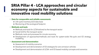 • Data for comparable and reliable assessments
▶ Life-cycle inventory (LCI) data base
▶ Monitoring of the ecological footprint
• Methods and tools
▶ Methods and tools for LCSA tailored to the transport sector
▶ Social LCA for the transport sector
▶ Methods, tools and processes for circular economy
▶ Development of approaches/methods and tools for system-wide life-cycle and CE strategy
modelling
• Assessment and demonstration
▶ Assessment of mobility scenarios
▶ Development and demonstration of CE strategies for zero emission vehicles
▶ Development and demonstration of LCSA- and CE-based mobility concepts and scenarios
SRIA Pillar 4 - LCA approaches and circular
economy aspects for sustainable and
innovative road mobility solutions
 