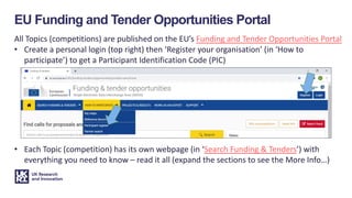 EU Funding and Tender Opportunities Portal
All Topics (competitions) are published on the EU’s Funding and Tender Opportunities Portal
• Create a personal login (top right) then ‘Register your organisation’ (in ‘How to
participate’) to get a Participant Identification Code (PIC)
• Each Topic (competition) has its own webpage (in ‘Search Funding & Tenders’) with
everything you need to know – read it all (expand the sections to see the More Info…)
 