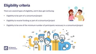 Eligibility criteria
There are several types of eligibility, and it does get confusing:
• Eligibility to be part of a consortium/project
• Eligibility to receive funding as part of a consortium/project
• Eligibility to be one of the minimum number of participants necessary in a consortium/project
 