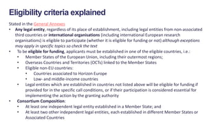 Eligibility criteria explained
Stated in the General Annexes
• Any legal entity, regardless of its place of establishment, including legal entities from non-associated
third countries or international organisations (including international European research
organisations) is eligible to participate (whether it is eligible for funding or not) although exceptions
may apply in specific topics so check the text
• To be eligible for funding, applicants must be established in one of the eligible countries, i.e.:
• Member States of the European Union, including their outermost regions;
• Overseas Countries and Territories (OCTs) linked to the Member States
• Eligible non-EU countries:
• Countries associated to Horizon Europe
• Low- and middle-income countries
• Legal entities which are established in countries not listed above will be eligible for funding if
provided for in the specific call conditions, or if their participation is considered essential for
implementing the action by the granting authority
• Consortium Composition:
• At least one independent legal entity established in a Member State; and
• At least two other independent legal entities, each established in different Member States or
Associated Countries
 