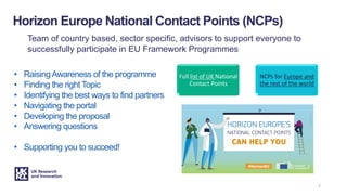 Team of country based, sector specific, advisors to support everyone to
successfully participate in EU Framework Programmes
Horizon Europe National Contact Points (NCPs)
Full list of UK National
Contact Points
NCPs for Europe and
the rest of the world
2
• RaisingAwareness of the programme
• Finding the right Topic
• Identifying the best ways to find partners
• Navigating the portal
• Developing the proposal
• Answering questions
• Supporting you to succeed!
 