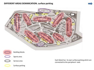 Building blocks 
Sports area 
Service area 
Surface parking 
Each block has its own surface parking which are 
connected to the peripheral road. 
DIFFERENT AREAS DEMARCATION. surface parking 
 