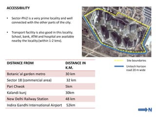 ACCESSIBILITY 
• Sector-Phi2 is a very prime locality and well 
connected with the other parts of the city. 
• Transport facility is also good in this locality. 
School, bank, ATM and hospital are available 
nearby the locality.(within 1-2 kms). 
DISTANCE FROM DISTANCE IN 
K.M. 
Botanic`al garden metro 30 km 
Sector 18 (commercial area) 32 km 
Pari Chwok 5km 
Kalandi kunj 30km 
New Delhi Railway Station 48 km 
Indira Gandhi International Airport 52km 
Site boundaries 
Unitech horizon 
road 20 m wide 
 