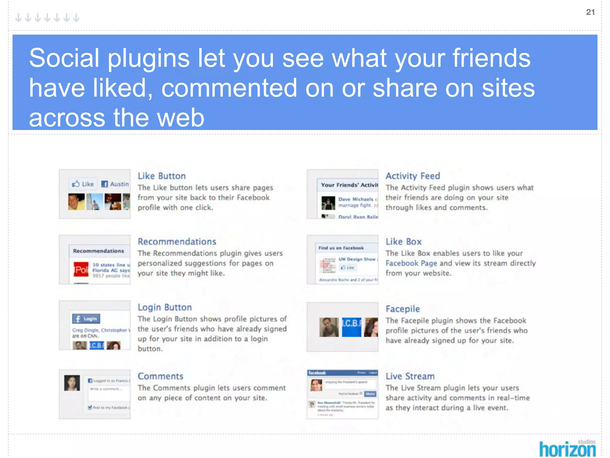 21




Social plugins let you see what your friends
have liked, commented on or share on sites
across the web
 
