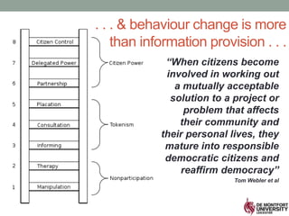 “When citizens become
involved in working out
a mutually acceptable
solution to a project or
problem that affects
their community and
their personal lives, they
mature into responsible
democratic citizens and
reaffirm democracy”
Tom Webler et al
. . . & behaviour change is more
than information provision . . .
 