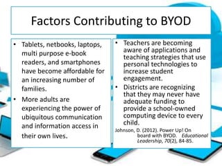 Factors Contributing to BYOD
• Tablets, netbooks, laptops,
multi purpose e-book
readers, and smartphones
have become affordable for
an increasing number of
families.
• More adults are
experiencing the power of
ubiquitous communication
and information access in
their own lives.
• Teachers are becoming
aware of applications and
teaching strategies that use
personal technologies to
increase student
engagement.
• Districts are recognizing
that they may never have
adequate funding to
provide a school-owned
computing device to every
child.
Johnson, D. (2012). Power Up! On
board with BYOD. Educational
Leadership, 70(2), 84-85.
 