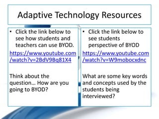 Adaptive Technology Resources
• Click the link below to
see how students and
teachers can use BYOD.
https://www.youtube.com
/watch?v=2BdV9Bq81X4
Think about the
question… How are you
going to BYOD?
• Click the link below to
see students
perspective of BYOD
https://www.youtube.com
/watch?v=W9mobocxdnc
What are some key words
and concepts used by the
students being
interviewed?
 