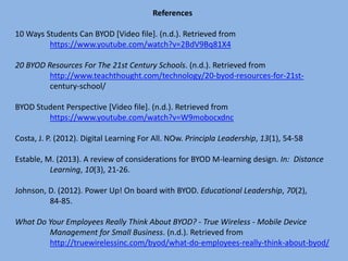 References
10 Ways Students Can BYOD [Video file]. (n.d.). Retrieved from
https://www.youtube.com/watch?v=2BdV9Bq81X4
20 BYOD Resources For The 21st Century Schools. (n.d.). Retrieved from
http://www.teachthought.com/technology/20-byod-resources-for-21st-
century-school/
BYOD Student Perspective [Video file]. (n.d.). Retrieved from
https://www.youtube.com/watch?v=W9mobocxdnc
Costa, J. P. (2012). Digital Learning For All. NOw. Principla Leadership, 13(1), 54-58
Estable, M. (2013). A review of considerations for BYOD M-learning design. In: Distance
Learning, 10(3), 21-26.
Johnson, D. (2012). Power Up! On board with BYOD. Educational Leadership, 70(2),
84-85.
What Do Your Employees Really Think About BYOD? - True Wireless - Mobile Device
Management for Small Business. (n.d.). Retrieved from
http://truewirelessinc.com/byod/what-do-employees-really-think-about-byod/
 
