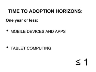 TIME TO ADOPTION HORIZONS:
One year or less:

•   MOBILE DEVICES AND APPS



•   TABLET COMPUTING


                              ≤1
 