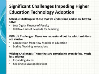 Significant Challenges Impeding Higher
Education Technology Adoption
Solvable Challenges: Those that we understand and know how to
solve
• Low Digital Fluency of Faculty
• Relative Lack of Rewards for Teaching
Difficult Challenges: Those we understand but for which solutions
are elusive
• Competition from New Models of Education
• Scaling Teaching Innovations
Wicked Challenges: Those that are complex to even define, much
less address
• Expanding Access
• Keeping Education Relevant
 