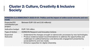 Cluster 2: Culture, Creativity & Inclusive
Society
11
HORIZON-CL2-DEMOCRACY-2022-01-01: Politics and the impact of online social networks and new
media
Expected EU
contribution per
project
Between EUR 1.50 and 2.50 million(s)
Indicative budget EUR 7.00 million.
Type of Action HORIZON Research and Innovation Actions
Expected
Outcome
• Understand the changes wrought on democratic processes by new technologies.
• Produce evidence-based recommendations to address the opportunities and
challenges for political behaviour and democratic engagement presented by
social platforms and new media.
• Enhance capacities for digital citizenship.
 