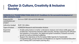 Cluster 2: Culture, Creativity & Inclusive
Society
16
HORIZON-CL2-TRANSFORMATIONS-2022-01-07: Conditions for the successful development of
skills matched to needs
Expected EU
contribution per
project
Between EUR 1.50 and 2.50 million(s)
Indicative budget EUR 7.00 million.
Type of Action HORIZON Research and Innovation Actions
Expected
Outcome
• Enable policymakers to better understand, measure and reduce skills gaps and
problematic mismatches between skills and jobs, thereby supporting the diffusion
and adoption of innovation, the digital and green transitions, inclusive economic
growth as well as individual wellbeing.
• Support the objectives of the European Skills Agenda for Sustainable
Competitiveness, Social Fairness and Resilience as regards Vocational Education
and Training (VET) and Adult Learning (AL).
 