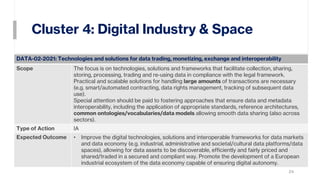 Cluster 4: Digital Industry & Space
24
DATA-02-2021: Technologies and solutions for data trading, monetizing, exchange and interoperability
Scope The focus is on technologies, solutions and frameworks that facilitate collection, sharing,
storing, processing, trading and re-using data in compliance with the legal framework.
Practical and scalable solutions for handling large amounts of transactions are necessary
(e.g. smart/automated contracting, data rights management, tracking of subsequent data
use).
Special attention should be paid to fostering approaches that ensure data and metadata
interoperability, including the application of appropriate standards, reference architectures,
common ontologies/vocabularies/data models allowing smooth data sharing (also across
sectors).
Type of Action IA
Expected Outcome • Improve the digital technologies, solutions and interoperable frameworks for data markets
and data economy (e.g. industrial, administrative and societal/cultural data platforms/data
spaces), allowing for data assets to be discoverable, efficiently and fairly priced and
shared/traded in a secured and compliant way. Promote the development of a European
industrial ecosystem of the data economy capable of ensuring digital autonomy.
 