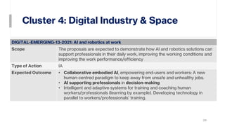 Cluster 4: Digital Industry & Space
28
DIGITAL-EMERGING-13-2021: AI and robotics at work
Scope The proposals are expected to demonstrate how AI and robotics solutions can
support professionals in their daily work, improving the working conditions and
improving the work performance/efficiency
Type of Action IA
Expected Outcome • Collaborative embodied AI, empowering end-users and workers: A new
human-centred paradigm to keep away from unsafe and unhealthy jobs.
• AI supporting professionals in decision-making
• Intelligent and adaptive systems for training and coaching human
workers/professionals (learning by example). Developing technology in
parallel to workers/professionals’ training.
 