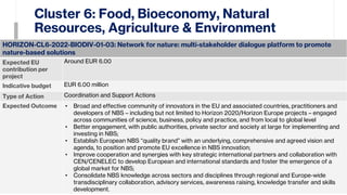 Cluster 6: Food, Bioeconomy, Natural
Resources, Agriculture & Environment
33
HORIZON-CL6-2022-BIODIV-01-03: Network for nature: multi-stakeholder dialogue platform to promote
nature-based solutions
Expected EU
contribution per
project
Around EUR 6.00
Indicative budget EUR 6.00 million
Type of Action Coordination and Support Actions
Expected Outcome • Broad and effective community of innovators in the EU and associated countries, practitioners and
developers of NBS – including but not limited to Horizon 2020/Horizon Europe projects – engaged
across communities of science, business, policy and practice, and from local to global level
• Better engagement, with public authorities, private sector and society at large for implementing and
investing in NBS;
• Establish European NBS “quality brand” with an underlying, comprehensive and agreed vision and
agenda, to position and promote EU excellence in NBS innovation;
• Improve cooperation and synergies with key strategic international partners and collaboration with
CEN/CENELEC to develop European and international standards and foster the emergence of a
global market for NBS;
• Consolidate NBS knowledge across sectors and disciplines through regional and Europe-wide
transdisciplinary collaboration, advisory services, awareness raising, knowledge transfer and skills
development.
 