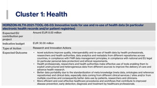 Cluster 1: Health
8
HORIZON-HLTH-2021-TOOL-06-03: Innovative tools for use and re-use of health data (in particular
electronic health records and/or patient registries)
Expected EU
contribution per
project
Around EUR 8.00 million
Indicative budget EUR 30.00 million
Type of Action Research and Innovation Actions
Expected Outcome • Νovel solutions improve quality, interoperability and re-use of health data by health professionals,
researchers and health authorities, data analytics and metadata from different repositories across
countries, in compliance with FAIR data management principles, in compliance with national and EU legal
(in particular personal data protection) and ethical requirements.
• Health professionals, researchers and health authorities make effective use of tools enabling them to
exploit unstructured and heterogeneous data from different sources to improve the delivery of care and
advance health research.
• Better data portability due to the standardization of meta knowledge (meta data, ontologies and reference
repositories) and clinical data, especially data coming from different clinical services / sites and/or from
multiple countries and consequently better data use by patients, researchers and clinicians.
• More efficient and cost-effective healthcare procedures and workflows that contribute to improved
disease prevention, early detection, diagnosis and treatment by healthcare professionals.
 
