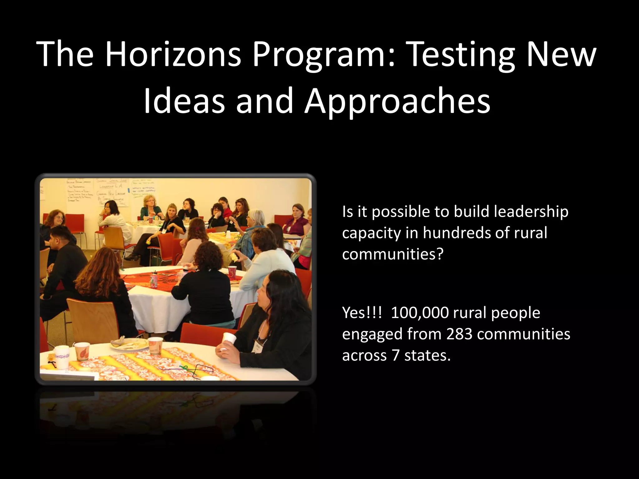 The Horizons Program: Testing New
      Ideas and Approaches

                 Is it possible to build leadership
                 capacity in hundreds of rural
                 communities?


                 Yes!!! 100,000 rural people
                 engaged from 283 communities
                 across 7 states.
 