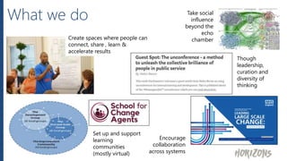 What we do
Create spaces where people can
connect, share , learn &
accelerate results
Set up and support
learning
communities
(mostly virtual)
Encourage
collaboration
across systems
Take social
influence
beyond the
echo
chamber
Though
leadership,
curation and
diversity of
thinking
 