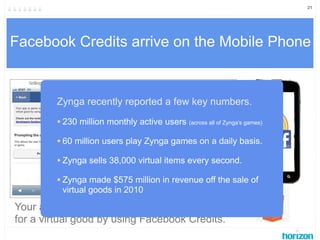 21




Facebook Credits arrive on the Mobile Phone


        Zynga recently reported a few key numbers.

        • 230 mil...