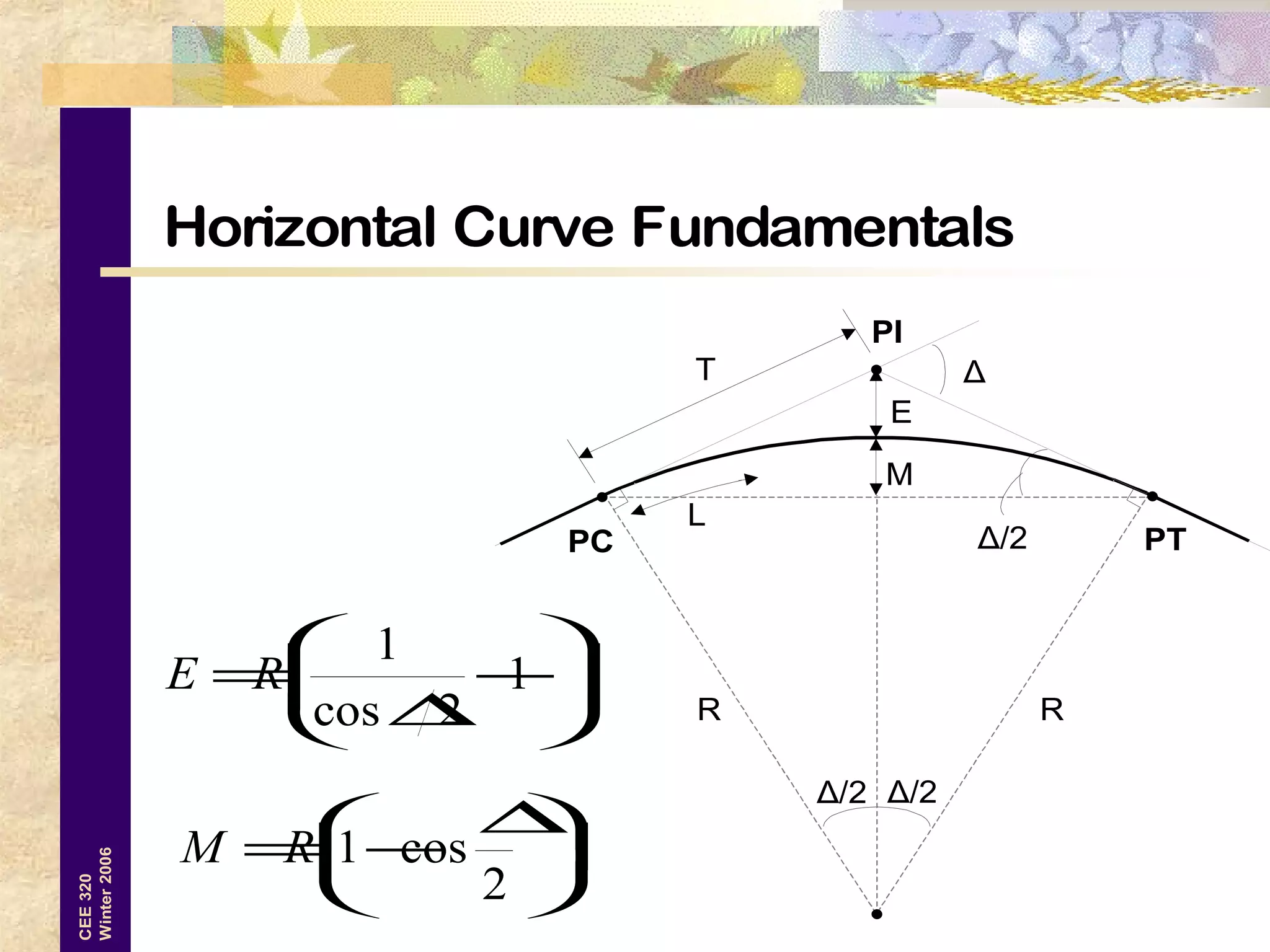 9
CEE320
Winter2006
Horizontal Curve Fundamentals






−
∆
= 1
2cos
1
RE





 ∆
−=
2
cos1RM
R
T
PC PT
PI
M
E
R
Δ
Δ/2Δ/2
Δ/2
L
 