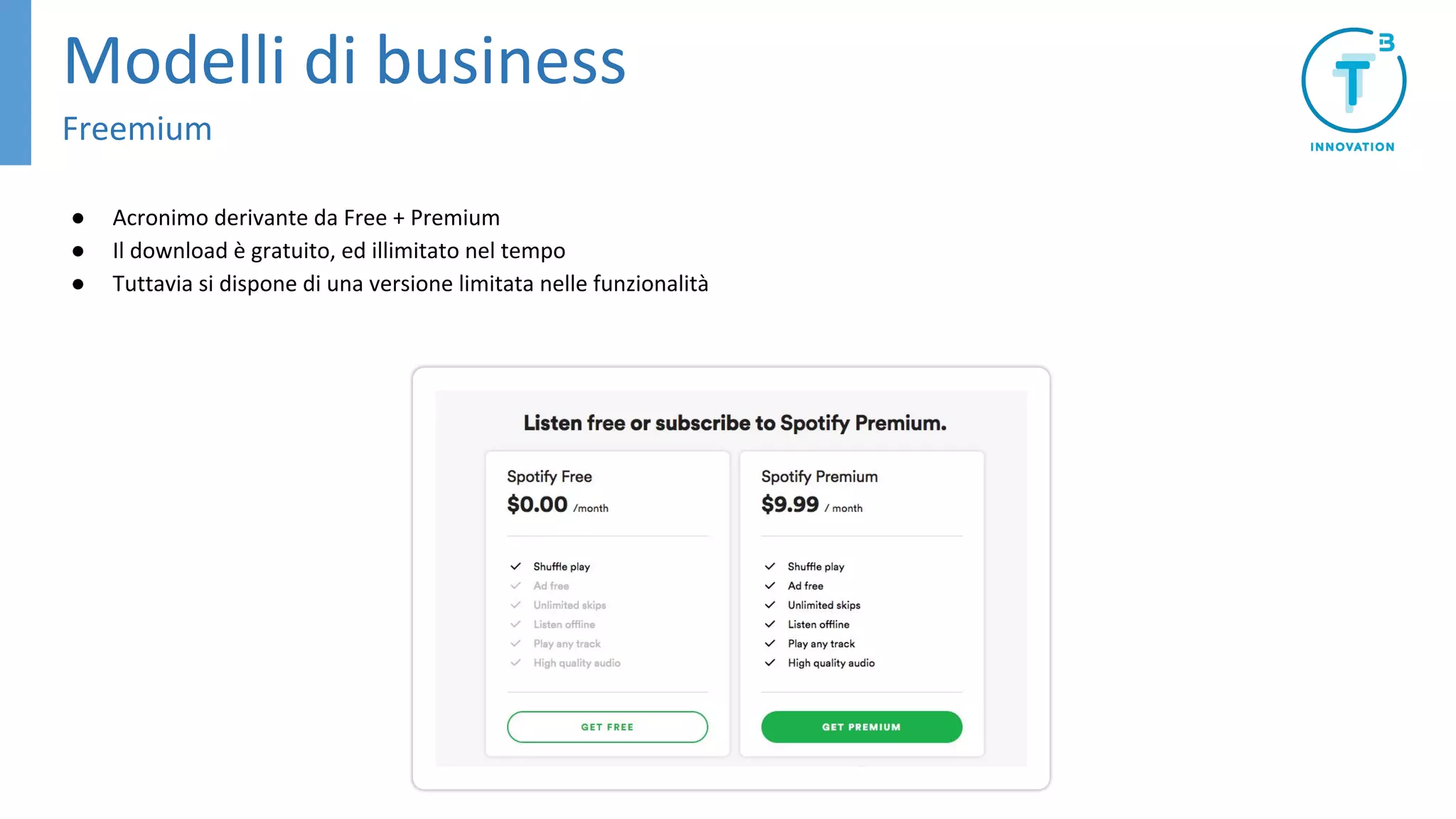 ● Acronimo derivante da Free + Premium
● Il download è gratuito, ed illimitato nel tempo
● Tuttavia si dispone di una versione limitata nelle funzionalità
Modelli di business
Freemium
 