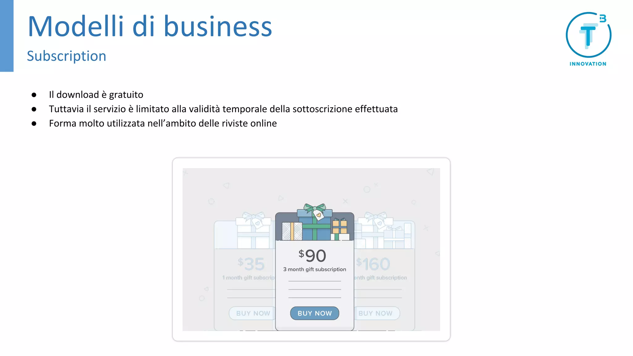● Il download è gratuito
● Tuttavia il servizio è limitato alla validità temporale della sottoscrizione effettuata
● Forma molto utilizzata nell’ambito delle riviste online
Modelli di business
Subscription
 