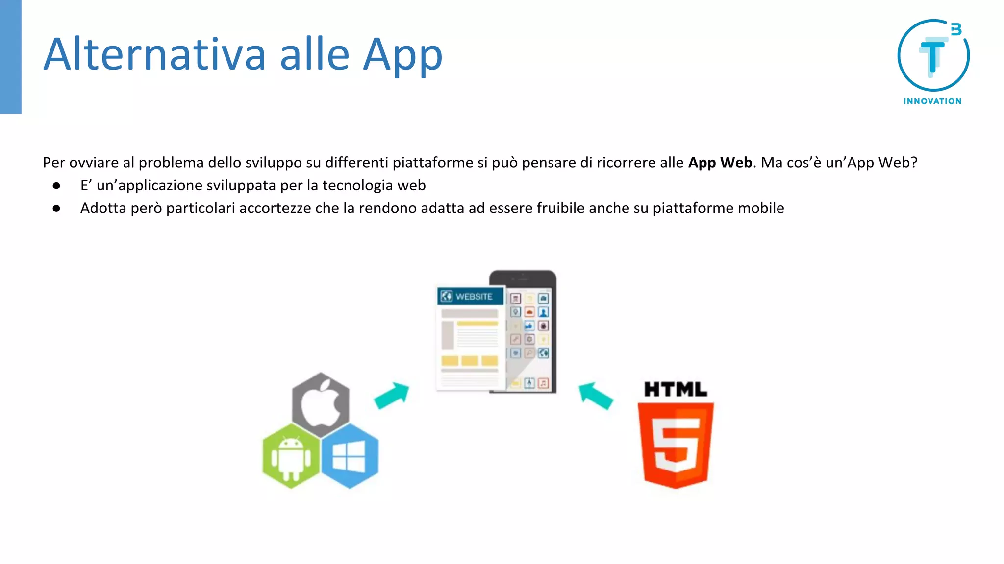 Alternativa alle App
Per ovviare al problema dello sviluppo su differenti piattaforme si può pensare di ricorrere alle App Web. Ma cos’è un’App Web?
● E’ un’applicazione sviluppata per la tecnologia web
● Adotta però particolari accortezze che la rendono adatta ad essere fruibile anche su piattaforme mobile
 