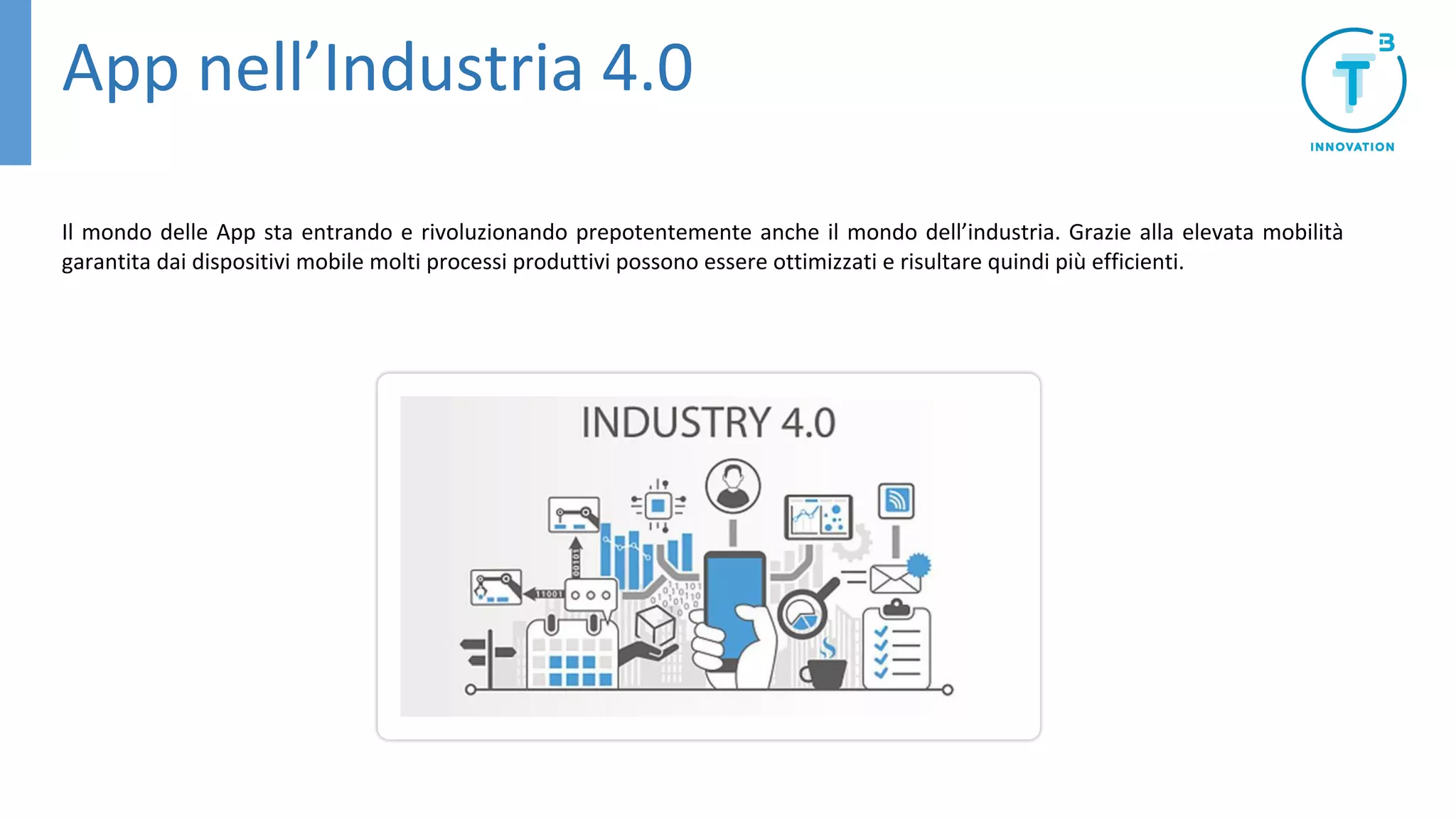 App nell’Industria 4.0
Il mondo delle App sta entrando e rivoluzionando prepotentemente anche il mondo dell’industria. Grazie alla elevata mobilità
garantita dai dispositivi mobile molti processi produttivi possono essere ottimizzati e risultare quindi più efficienti.
 