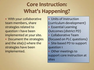  With your collaborative     Units of Instruction
team members, share         (curriculum development)
strategies related to        Essential Learning
question 1 have been        Outcomes (district PD)
implemented at your site.    Collaborative Team
 Document the strategies   (focused on PLC questions)
and the site(s) where the    Site-based PD to support
strategies have been        question 1
implemented.                 Other meetings to
                            support core instruction at
                            sites
 