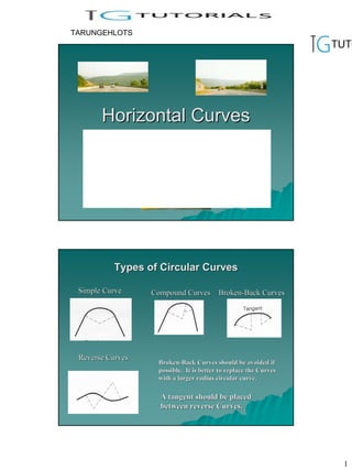 TARUNGEHLOTS




       Horizontal Curves
                  Chapter 24




          Types of Circular Curves

 Simple Curve      Compound Curves Broken-Back Curves
                                   Broken-




 Reverse Curves
                    Broken-Back Curves should be avoided if
                    Broken-
                    possible. It is better to replace the Curves
                    with a larger radius circular curve.

                     A tangent should be placed
                     between reverse Curves.




                                                                   1
 